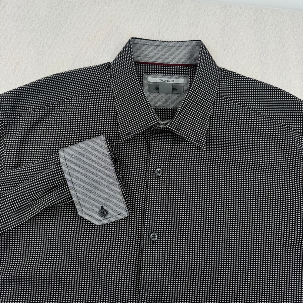 Johnston & Murphy Tailored Fit Mens L Micro Check Cotton Button Down Black